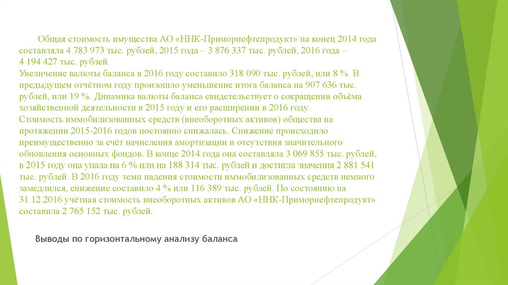 Общая стоимость имущества АО «ННК-Приморнефтепродукт» на конец 2014 года составляла 4 783 973 тыс. рублей, 2015 года –