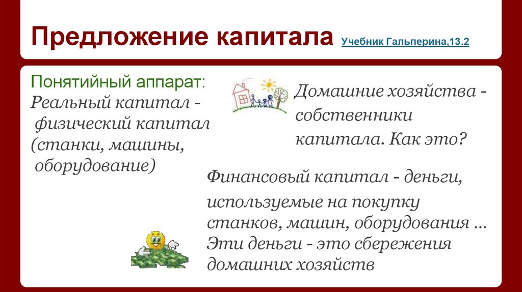 Учебник предложение с этим словом. Предложение капитала. Собственники капитала. Капитал это учебник. Предложение производственных ресурсов.