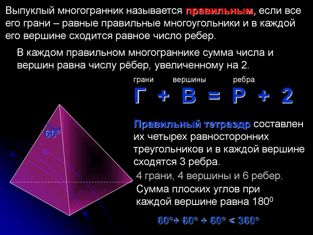 Число граней октаэдра. Вершины ребра грани многогранника. Теорема Эйлера для многогранников. Сумма плоских углов при вершине тетраэдра. Ребра невыпуклого многогранника.