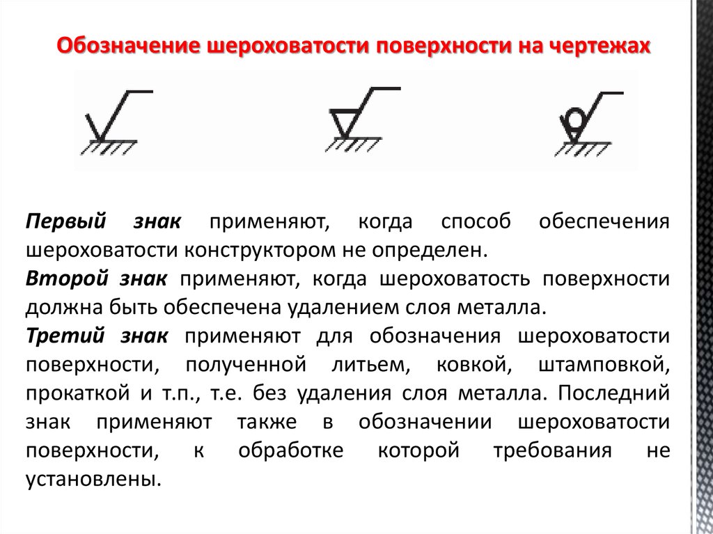 Знаки поверхности. Обозначение шероховатости на чертеже снизу. Обозначение шероховатости поверхности на чертежах. Значки обработки поверхности на чертеже. Пример нанесения шероховатости поверхности на чертеже.