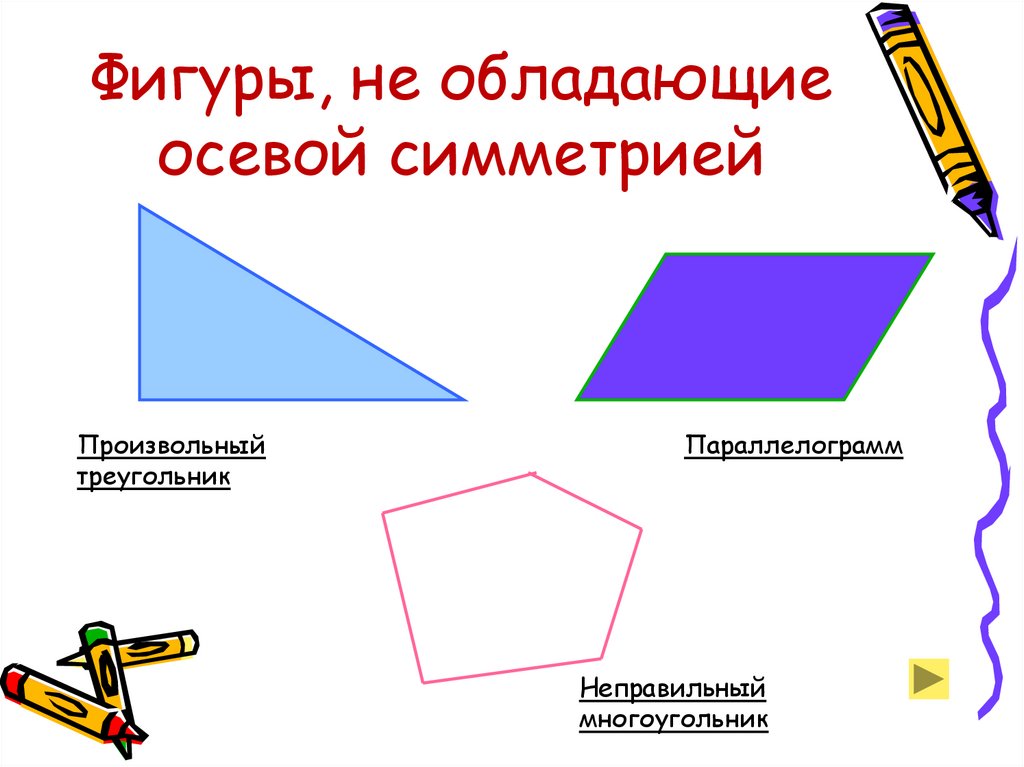 Правильный пятиугольник имеет пять осей симметрии верно. Фигуры обладающие осевой симметрией. Фигуры не обладающие осевой симметрией. Фигуры без осевой симметрии. Фигуры которые не имеют оси симметрии.