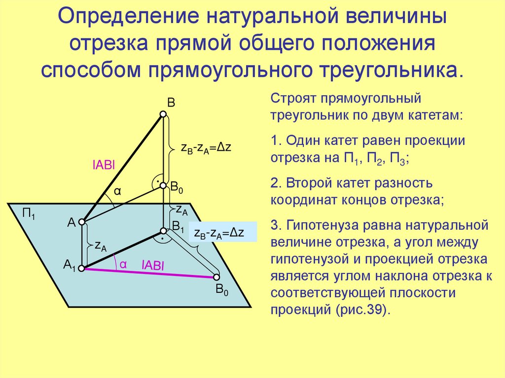 Определение натуральной величины отрезка прямой общего положения способом прямоугольного треугольника.