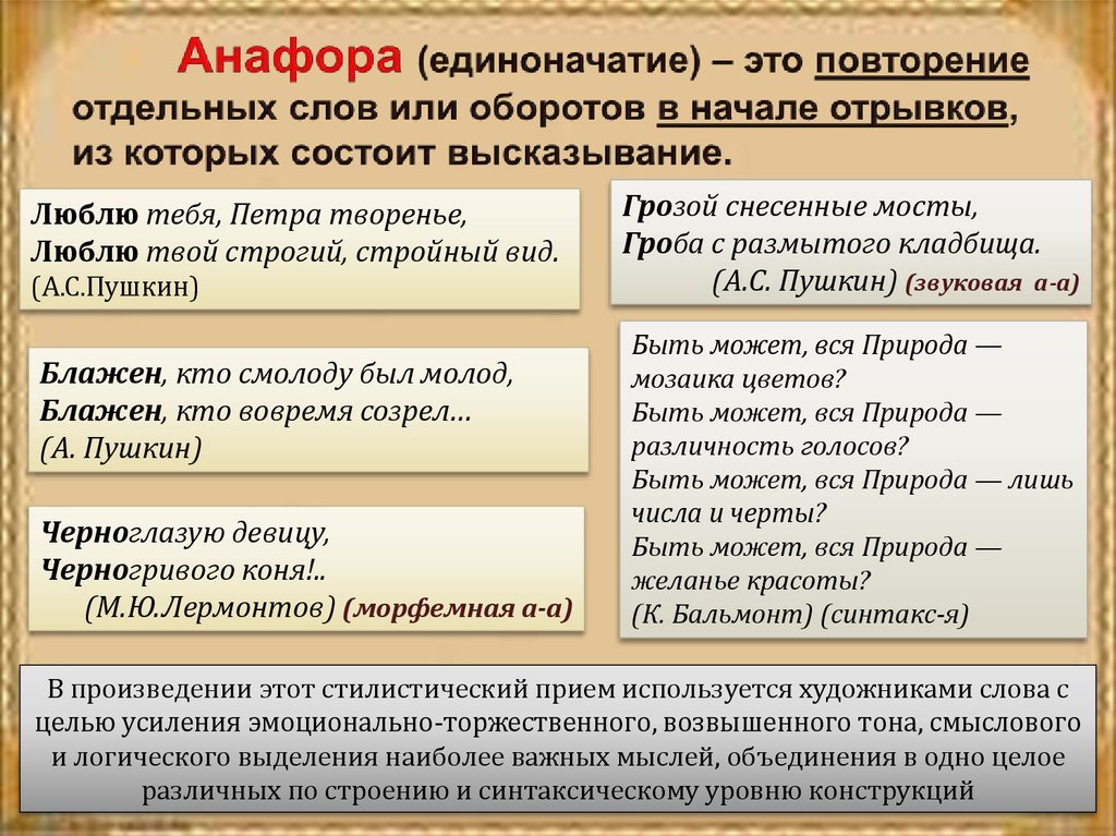 Анафора это синтаксическое средство. Изобразительно-выразительные средства русского языка. Единоначатие повторение начала фраз. Анафора средство выразительности. Синтаксическая анафора.