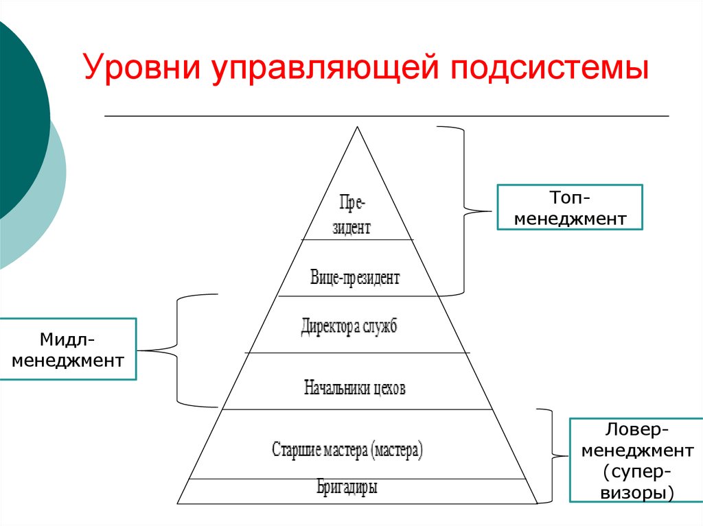 Топ уровни. Управляющая подсистема. Управляющей подсистемы. Управляющая и управляемые подсистемы в менеджменте. Топ и Мидл менеджеры.