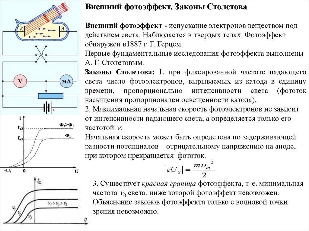 Столетов фотоэффект. Законы Столетова для внешнего фотоэффекта. Внешний фотоэффект. Законы внешнего фотоэффекта. Тепловое излучение фотоэффект.