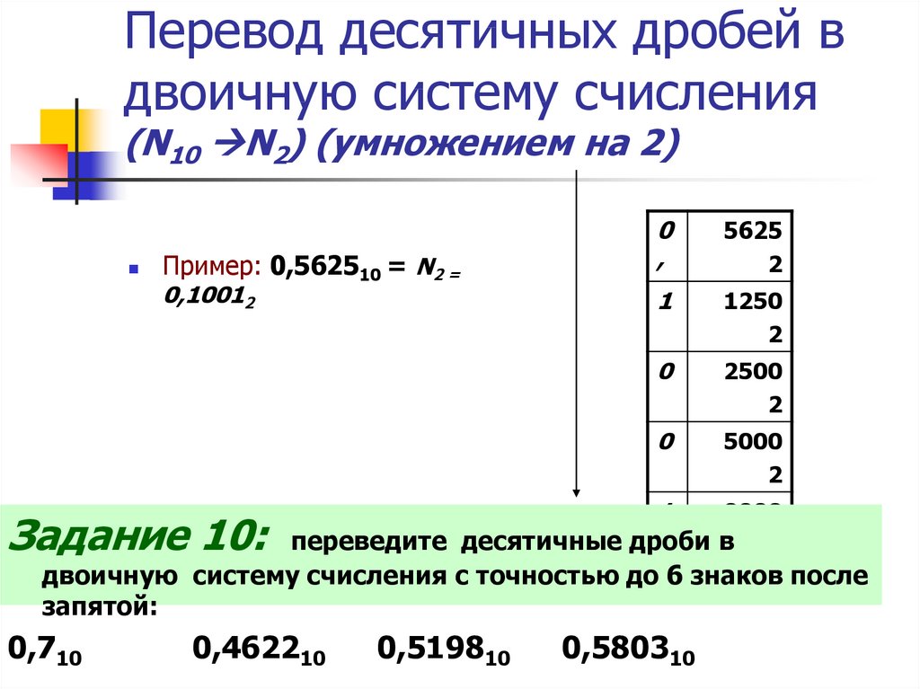 Перевод десятичных дробей в двоичную систему счисления (N10 N2) (умножением на 2)