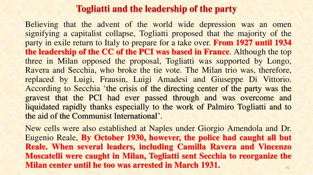 Togliatti and the leadership of the party