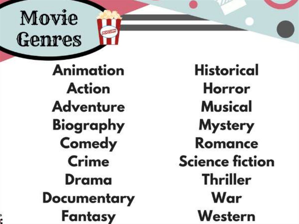 Types of films. Жанры фильмов на английском языке. Жанры фильмов для детей на английском. Film Genres list. Жанры фильмов на английском с переводом.