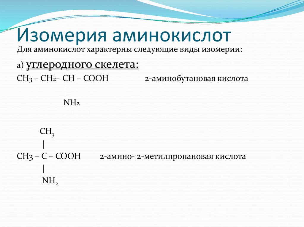 Изомерия аминов. Изомерия углеродного скелета аминокислот. Межклассовая изомерия аминокислот. Типы изомерии аминокислот. Структурная и пространственная изомерия аминокислот.