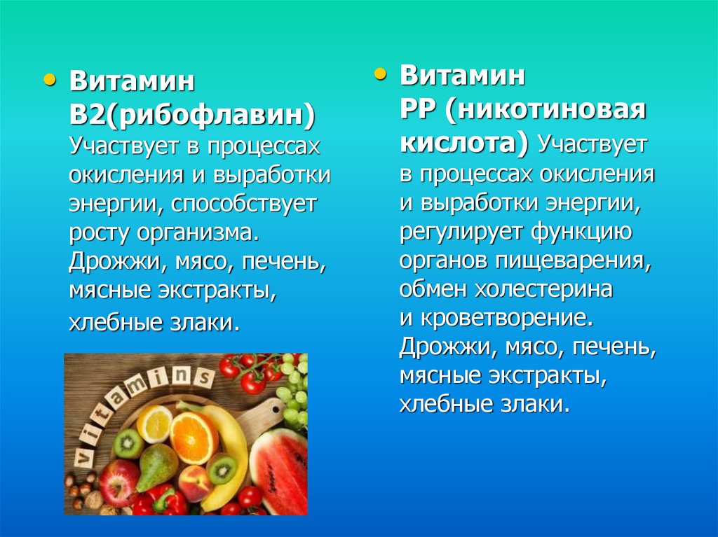 Дрожжи мясо. Рибофлавин и никотиновая кислота. Какой витамин способствует энергичности. В процессе окисления принимает участие витамин.