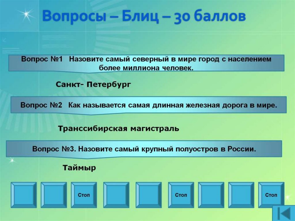 Вопросы – Блиц – 30 баллов