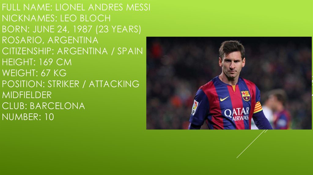 Full name: Lionel Andres Messi Nicknames: Leo Bloch Born: June 24, 1987 (23 years) Rosario, Argentina Citizenship: Argentina /