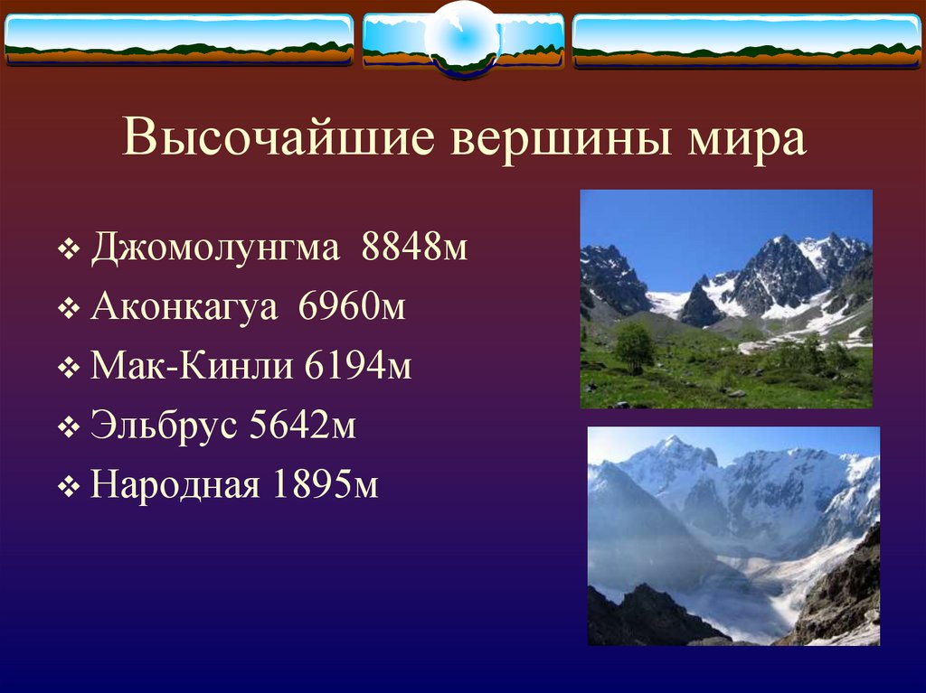 Значение самой высокой горной вершины. Высочайшие вершины мира. Самая высокая гора в мире Джомолунгма Килиманджаро. Гора Эверест 8848 м. Самая высокая Горная вершина на суше.