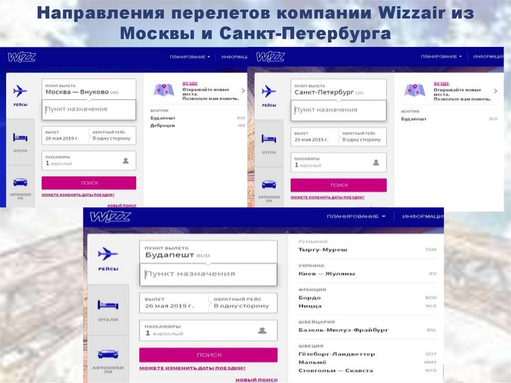 Направления перелетов компании Wizzair из Москвы и Санкт-Петербурга