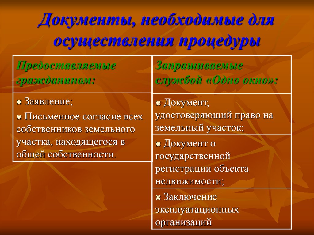 Документы, необходимые для осуществления процедуры