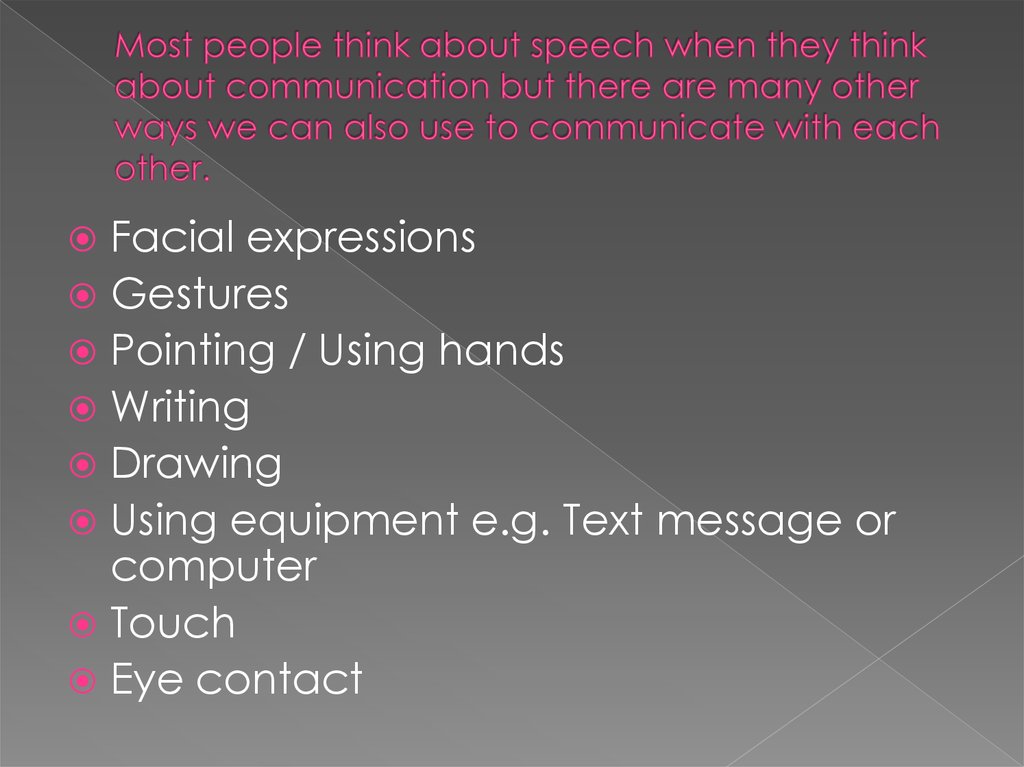 Most people think about speech when they think about communication but there are many other ways we can also use to communicate