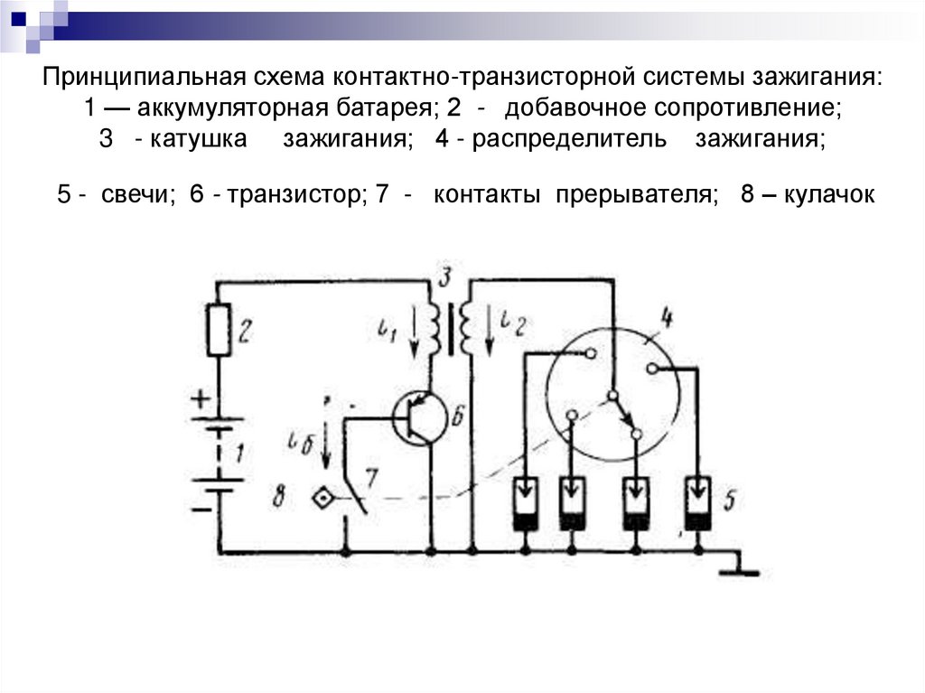 Схема и принцип работы. Контактно-транзисторная система зажигания схема. Схема транзисторно контактной системы зажигания. Система зажигания ГАЗ 53 контактная схема транзистор. Принципиальная схема контактно-транзисторной системы зажигания.