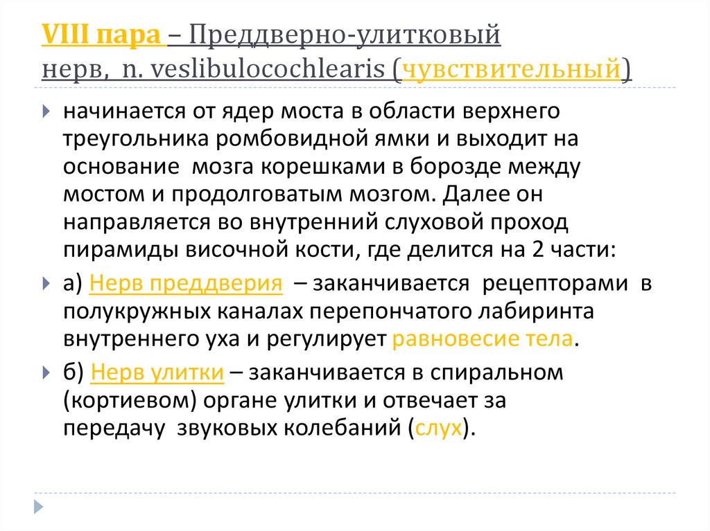 8 пара. Преддверно-улитковый нерв анатомия кратко. Ядра преддверно улиткового нерва. Где находится ядро преддверно улиткового нерва. Преддверно-улитковый нерв начало.