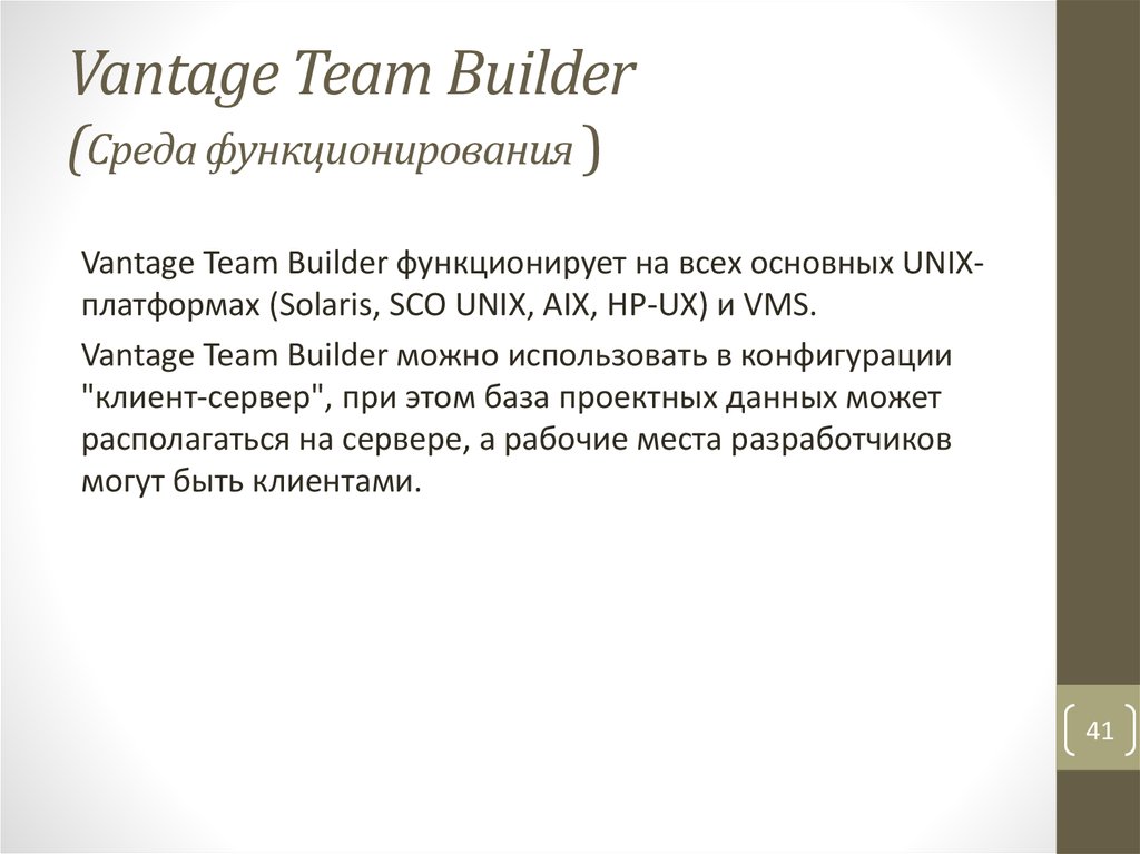 Vantage Team Builder (Среда функционирования )