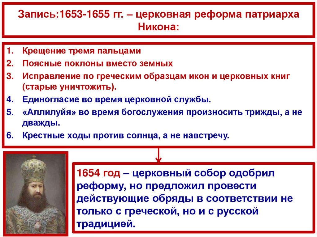 Запись:1653-1655 гг. – церковная реформа патриарха Никона: