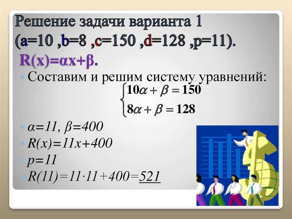 Решение задачи варианта 1 (a=10 ,b=8 ,c=150 ,d=128 ,p=11). R(x)=αx+β.