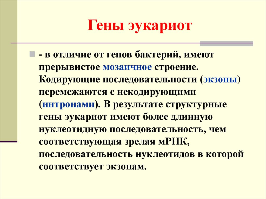 Структура гена. Строение Гена эукариот. Строение генов эукариот. Мозаичная структура генов эукариот. Ген эукариот состоит из.