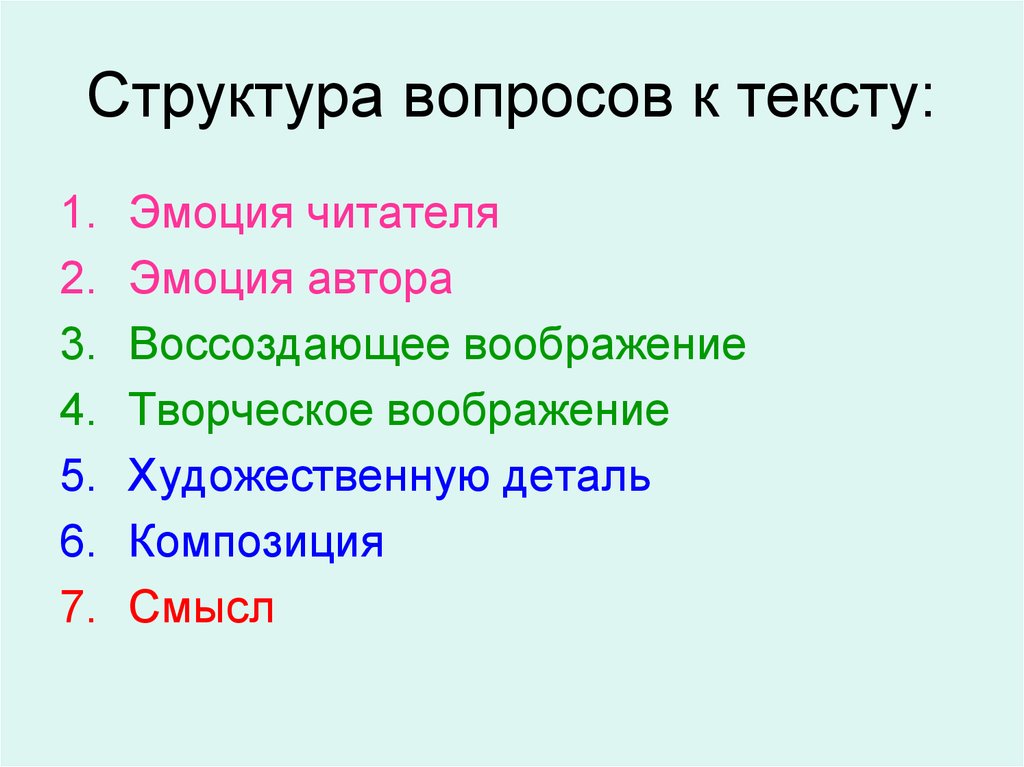 Структура вопросов к тексту: