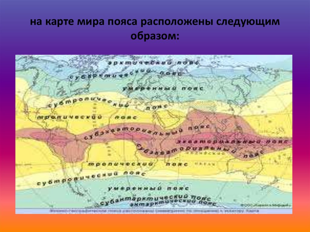 Географический пояс. Климатические пояса земли. Циркумконтинентальная зональность. Широтно-зональные пояса.