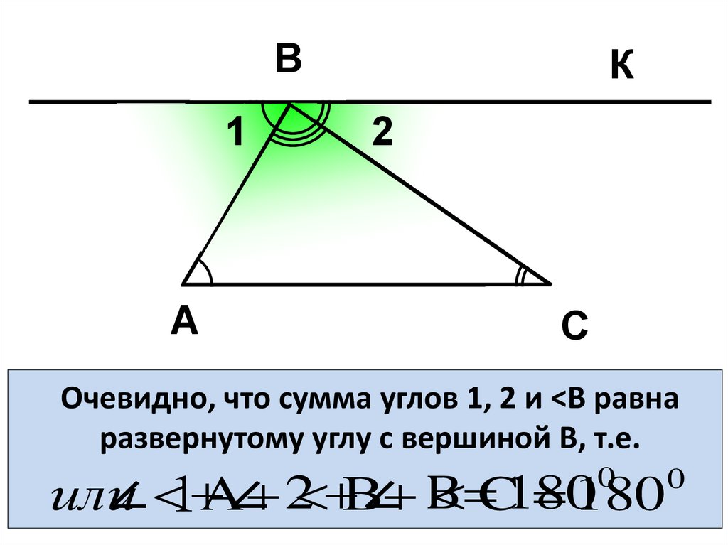 Очевидно, что сумма углов 1, 2 и <B равна развернутому углу с вершиной В, т.е.