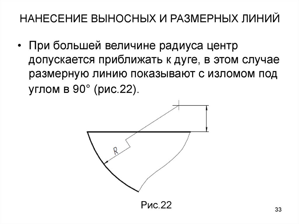 Линия радиус. Радиус с изломом на чертеже. Размерная линия радиуса с изломом. Размерная линия на дуге. Указание размера радиуса на чертеже линией с изломом.