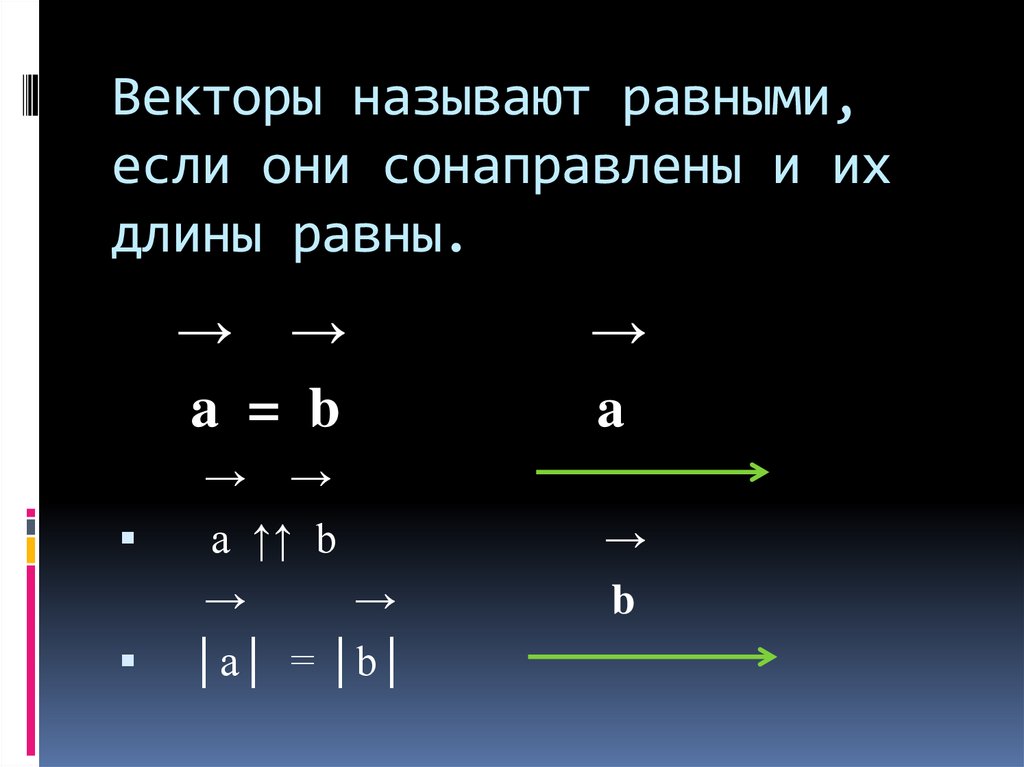 Любые два равных вектора сонаправлены. Равенство векторов. Векторы равенство векторов. Векторы называются равными. Два вектора называются если они сонаправлены и их длины равны.