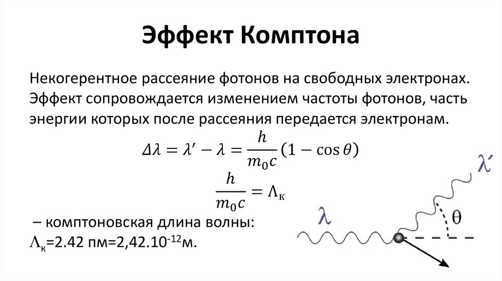 Формула частоты излучения фотона. Эффект Комптона изменение длины волны. 10 Эффект Комптона. 26. Эффект Комптона. Комптоновское рассеивание формула.
