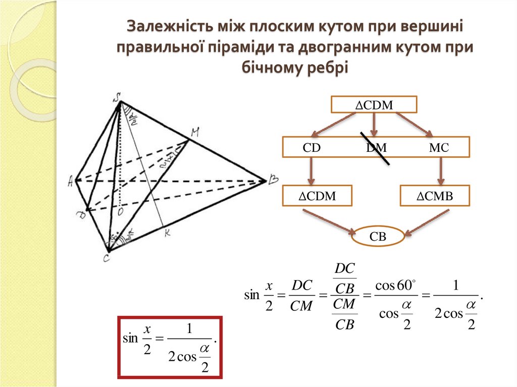 Залежність між плоским кутом при вершині правильної піраміди та двогранним кутом при бічному ребрі