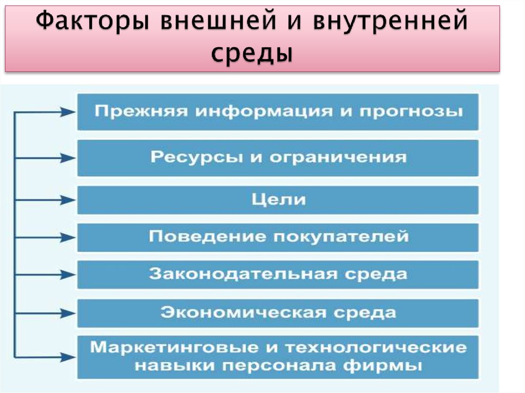 Маркетинговые факторы влияния. Факторы маркетинговых исследований. Внешние и внутренние цели. Внешние ограничения цели. Маркетинговые исследования и окружающие факторы.