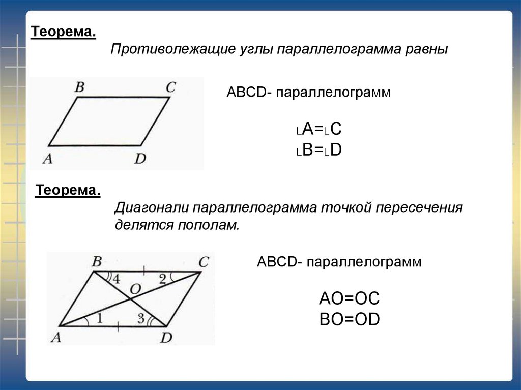 Два треугольника вне параллелограмма. Свойства противоположных сторон параллелограмма. Свойства параллелограмма 2 свойства. Диагонали параллелограмма точкой пересечения теорема. Теоремы параллелограмма 8 класс.