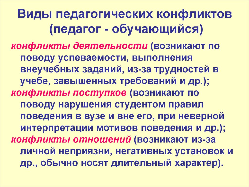 Конфликт деятельности характеристика. Виды педагогических конфликтов. Конфликт деятельности. Виды деятельности в конфликте. Виды конфликтов в педагогике.