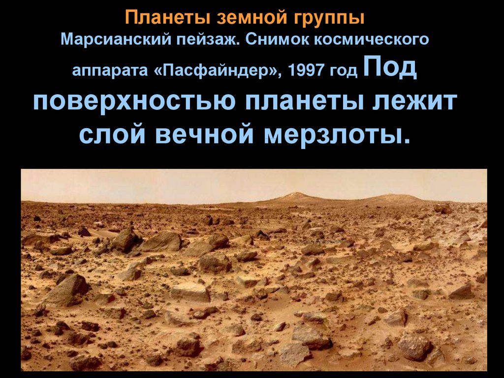 Планеты земной группы Марсианский пейзаж. Снимок космического аппарата «Пасфайндер», 1997 год Под поверхностью планеты лежит