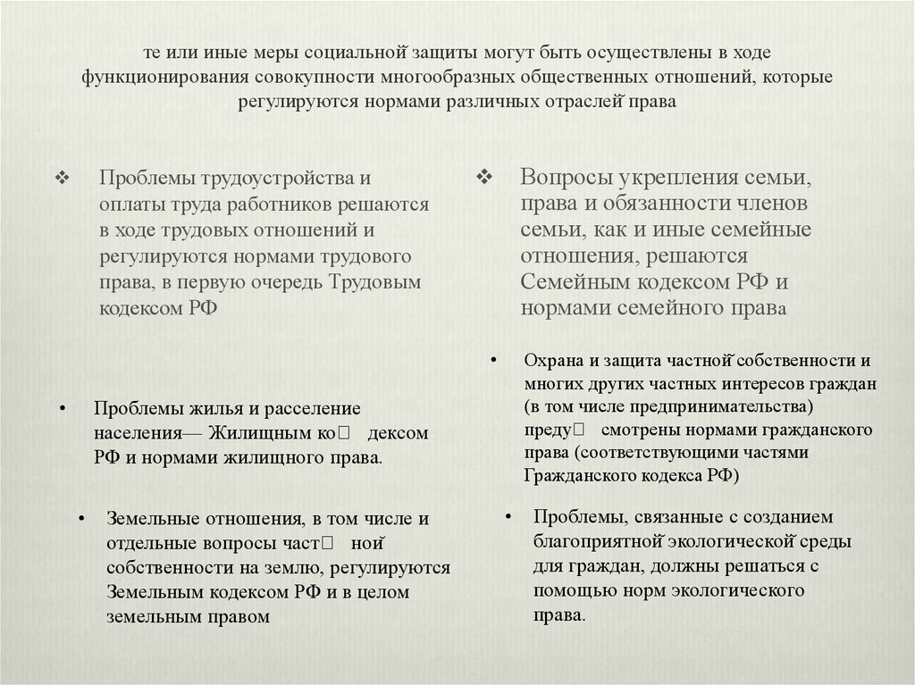 те или иные меры социальной̆ защиты могут быть осуществлены в ходе функционирования совокупности многообразных общественных