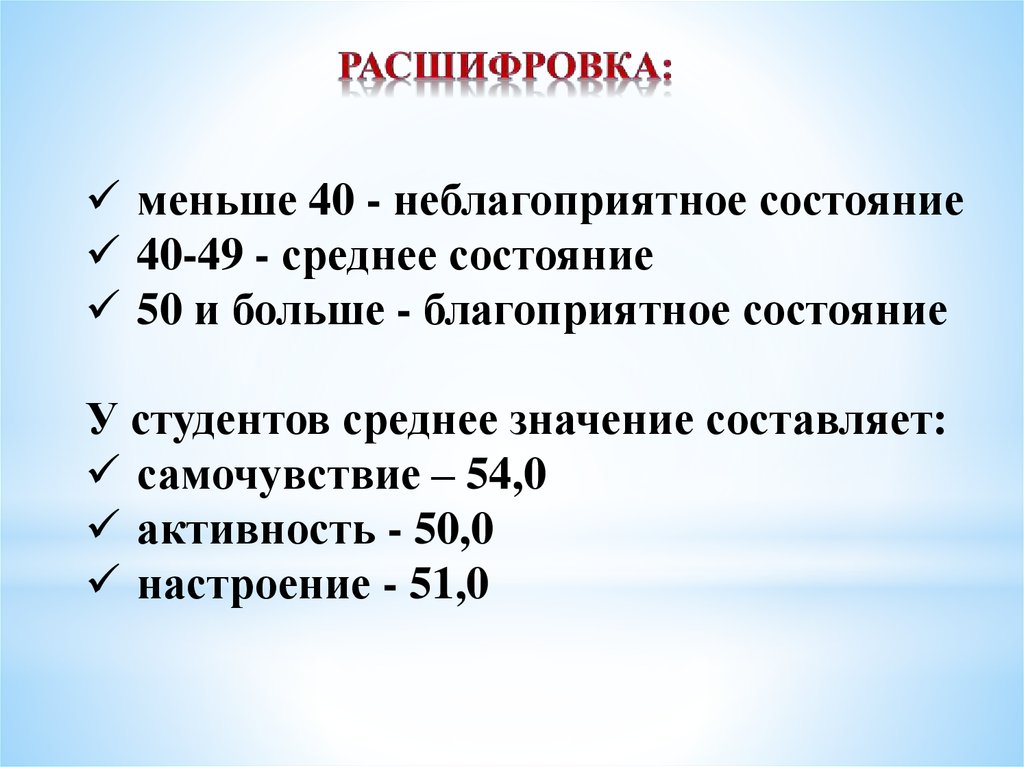 Менее 40. Состояние среднее. Неблагоприятное состояние. Мало расшифровка. Среднее самочувствие это.