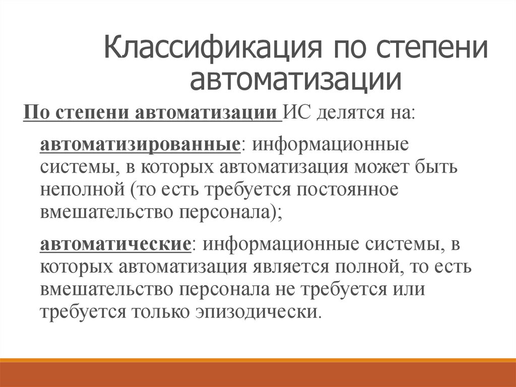 Степень автоматизации. Классификация по степени автоматизации на белом фоне. Полииерархическая структура ИС»..