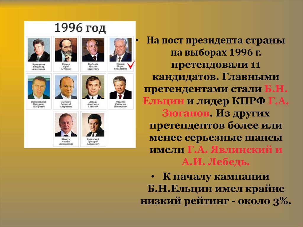 Выборы 1996 года в России кандидаты.