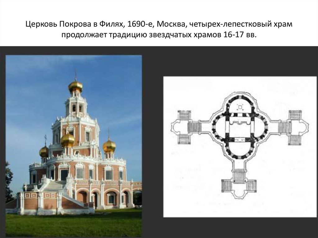 Церковь Покрова в Филях, 1690-е, Москва, четырех-лепестковый храм продолжает традицию звездчатых храмов 16-17 вв.