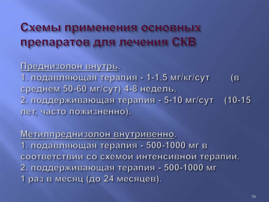 Схемы применения основных препаратов для лечения СКВ Преднизолон внутрь. 1. подавляющая терапия - 1-1,5 мг/кг/сут (в среднем