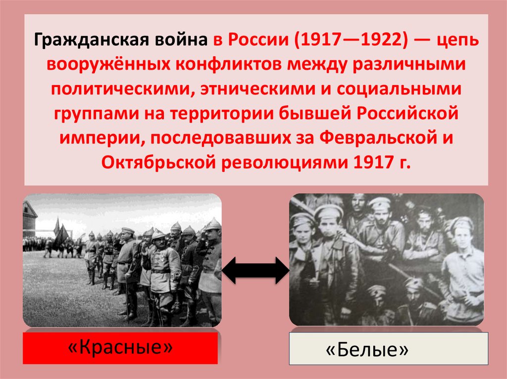 Гражданская война в России (1917—1922) — цепь вооружённых конфликтов между различными политическими, этническими и социальными