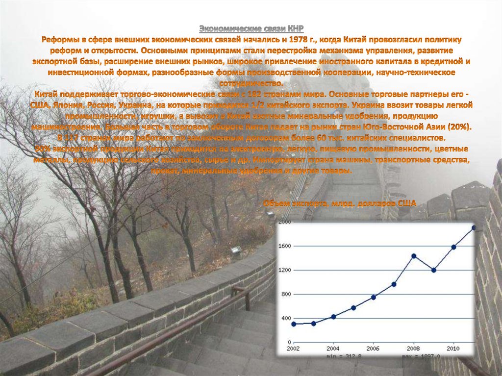 Экономические связи КНР Реформы в сфере внешних экономических связей начались н 1978 г., когда Китай провозгласил политику