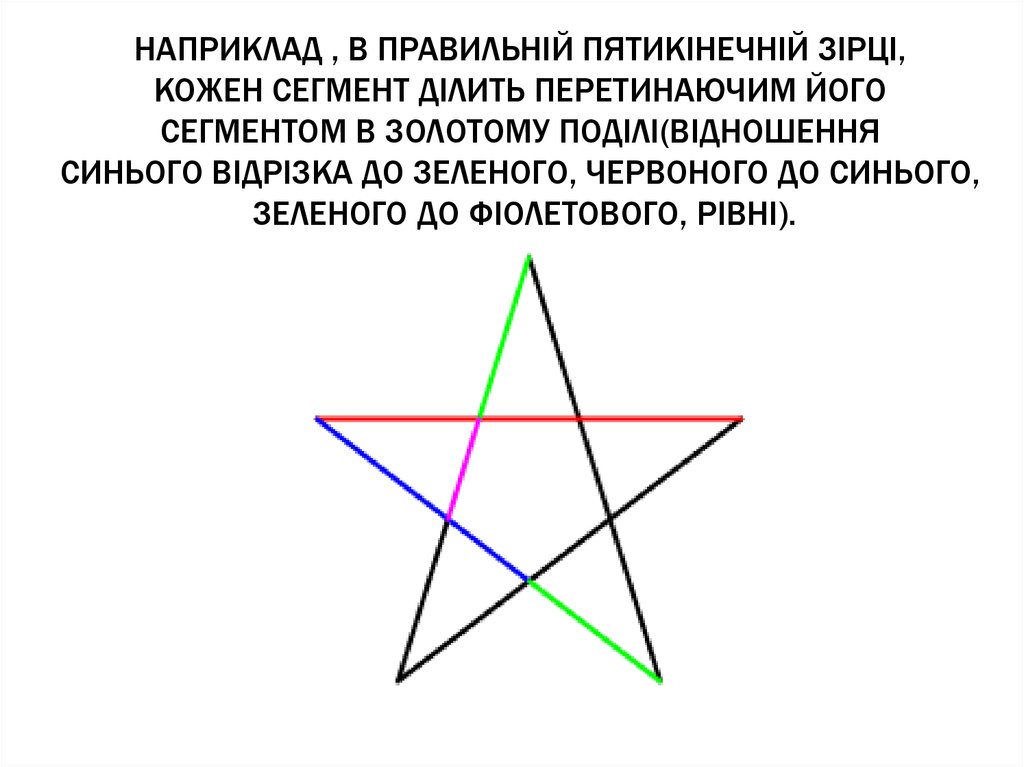 Наприклад , в правильній пятикінечній зірці, кожен сегмент ділить перетинаючим його сегментом в золотому поділі(відношення