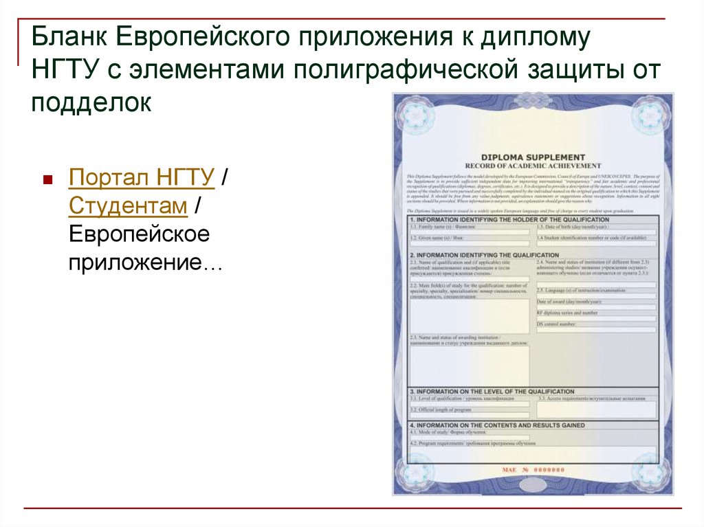 Бланк Европейского приложения к диплому НГТУ с элементами полиграфической защиты от подделок