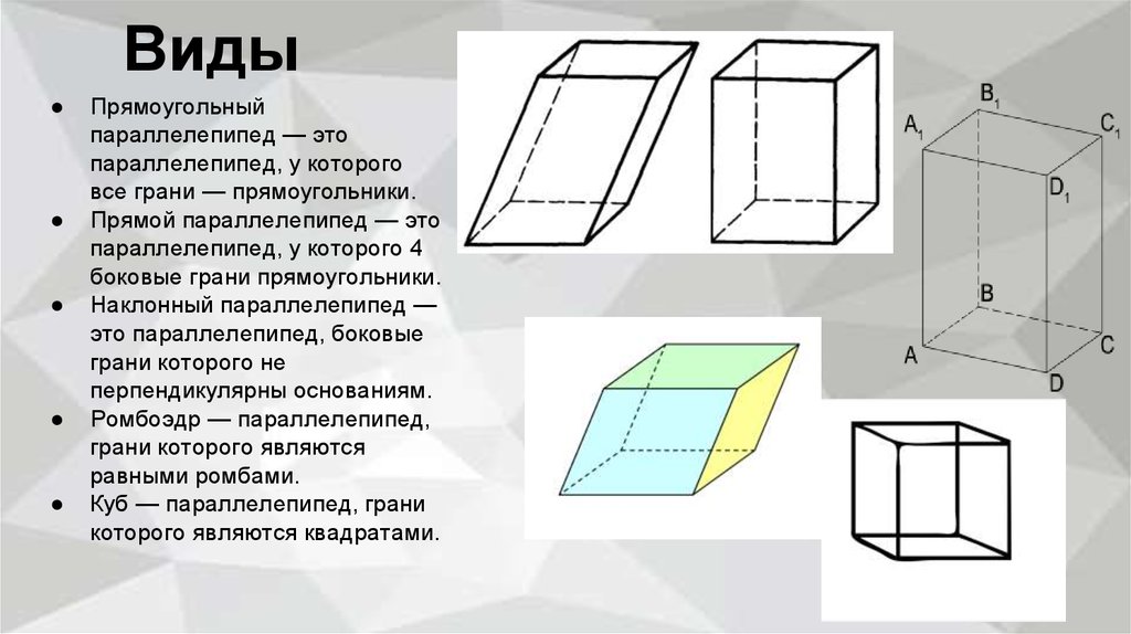 Виды параллелепипедов. Прямой наклонный и прямоугольный параллелепипед. Параллелепипед прямой и прямоугольный и куб. Параллелепипед наклонный прямой и правильный параллелепипед. Ромбоэдр параллелепипед.