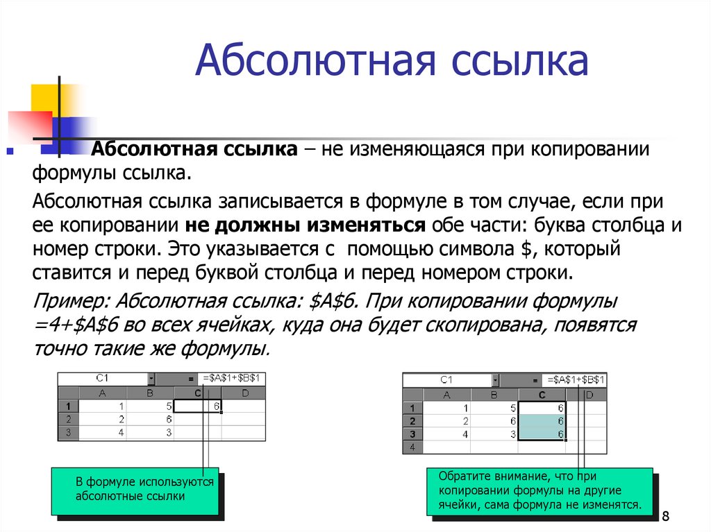 Абсолютная ссылка. Абсолютная ссылка не изменяется при копировании. Абсолютная ссылка на ячейку. Абсолютная ссылка в электронной таблице это.