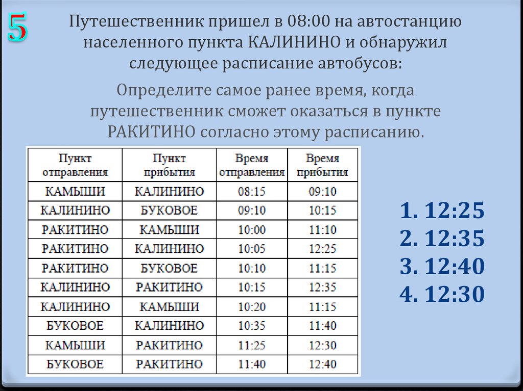 Путешественник пришел в 08:00 на автостанцию населенного пункта КАЛИНИНО и обнаружил следующее расписание автобусов: